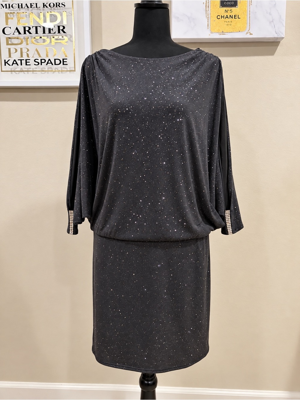 Betsy & Adam Black Glitter Rhinestone Draped Sleeve Cocktail Dress 12